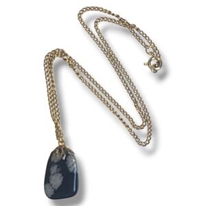 Vintage Snowflake Obsidian Pendant Necklace Gold Tone Chain 17"